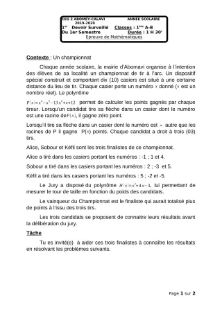 Première page de Mathématiques 1ère A1, 1ère A2, 1ère B — 1er devoir surveillé, 1er semestre (2018-2019) · CEG2 ABOMEY - CALAVI (CEG ZOCA)