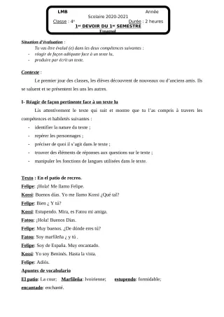 Première page de Espagnol 4e, 4e ML — 1er devoir surveillé, 1er semestre (2020-2021) · LMB