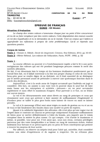 Première page de Français 2nde A2, 2nde B, 2nde C, 2nde D — Composition, 1er trimestre (2019-2020) · CPEG LICA