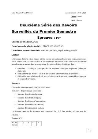 Première page de PCT Tle D — 2e devoir surveillé, 1er semestre (2019-2020) · CEG Agassa Godomey