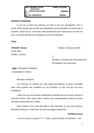 Première page de Français 4e, 4e ML — 1er devoir surveillé, 1er semestre (2018-2019) · CEG2 ABOMEY - CALAVI (CEG ZOCA)