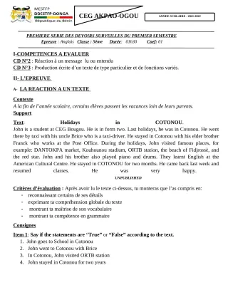 Première page de Anglais 5e — 1er devoir surveillé, 1er semestre (2021-2022) · CEG Akpao-Ogou