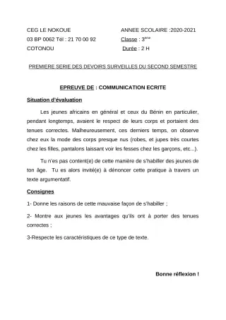 Première page de Français 3e, 3e ML — 1er devoir surveillé, 2e semestre (2020-2021) · CEG LE NOKOUE