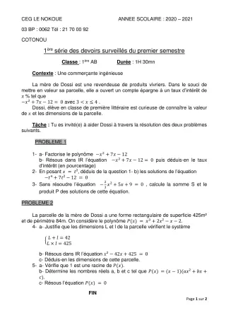 Première page de Mathématiques 1ère A1, 1ère A2, 1ère B — 1er devoir surveillé, 1er semestre (2020-2021) · CEG LE NOKOUE
