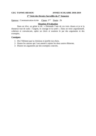 Première page de Français 3e — 1er devoir surveillé, 1er semestre (2018-2019) · CEG TANWE-HESSOU
