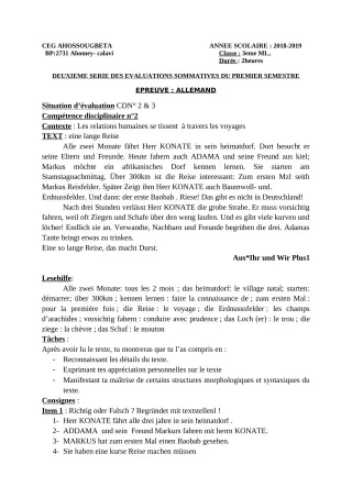 Première page de Allemand 4e ML, 3e ML, 2nde A & B — 2e évaluation sommative, 1er semestre (2018-2019) · CEG Ahossougbéta