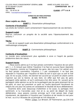 Première page de Philosophie 2nde A2, 2nde B — Composition, 1er trimestre (2019-2020) · CPEG LICA