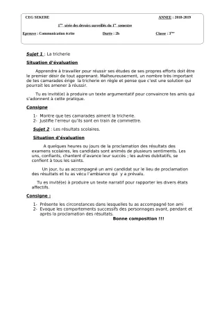 Première page de Français 3e — 1er devoir surveillé, 1er semestre (2018-2019) · CEG SEKERE
