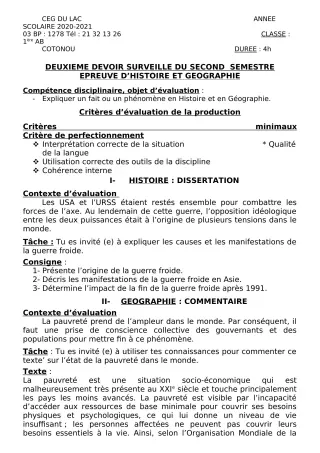 Première page de Histoire-Géographie 1ère A2, 1ère B — 2e devoir surveillé, 2e semestre (2020-2021) · CEG du Lac