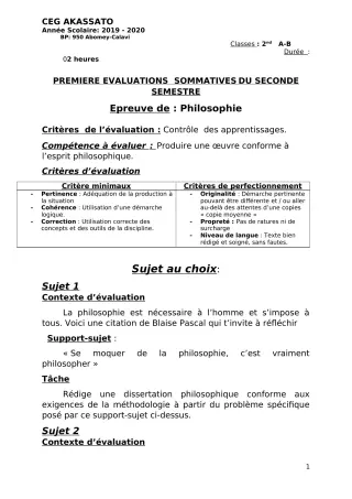 Première page de Philosophie 2nde A, 2nde A & B, 2nde B — 1re évaluation sommative, 2e semestre (2019-2020) · CEG Akassato