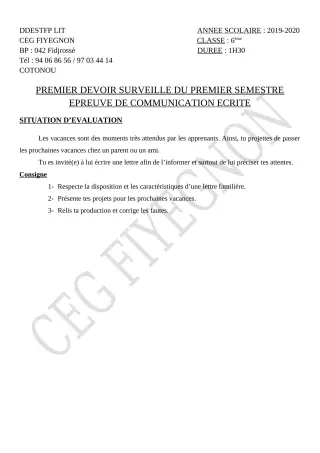 Première page de Français 6e — 1er devoir surveillé, 1er semestre (2019-2020) · CEG FIYEGNON