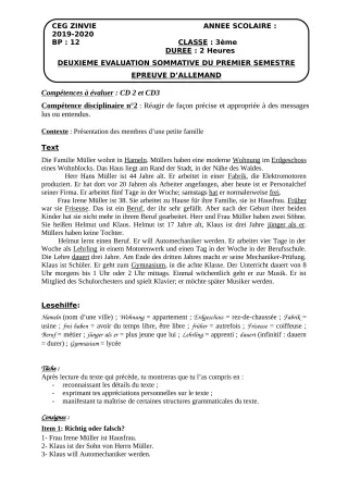 Première page de Allemand 3e — 2e évaluation sommative, 1er semestre (2019-2020) · CEG Zinvié