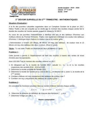 Première page de Mathématiques 2nde A, 2nde B — 1er devoir surveillé, 2e trimestre (2019-2020) · CPEG LE PHARAON