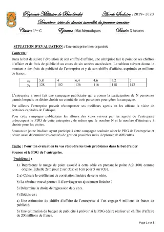 Première page de Mathématiques 1ère C — 2e devoir surveillé, 1er semestre (2019-2020) · PMB