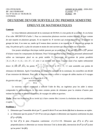 Première page de Mathématiques Tle C — 2e devoir surveillé, 1er semestre (2020-2021) · CEG FIYEGNON