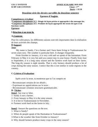 Première page de Anglais 5e — 2e devoir surveillé, 2e semestre (2019-2020) · CEG L'Entente