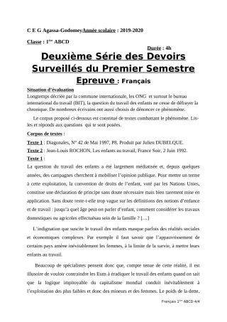 Première page de Français 1ère A, 1ère B, 1ère C — 2e devoir surveillé, 1er semestre (2019-2020) · CEG Agassa Godomey