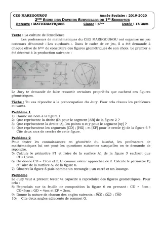 Première page de Mathématiques 6e — Devoir surveillé, 1er semestre (2019-2020) · CEG MAREGOUROU