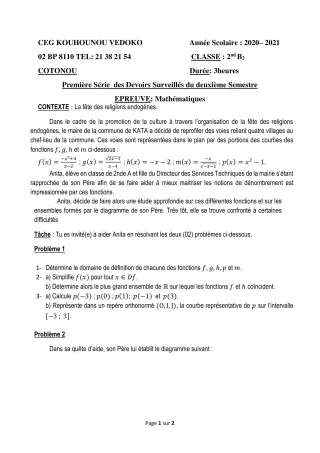 Première page de Mathématiques 2nde B — 1er devoir surveillé, 2e semestre (2020-2021) · CEG Kouhounou-Vêdoko