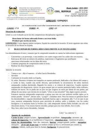 Première page de Espagnol 1ère A, 1ère A1, 1ère A2 — 2022-2023 · CEG1 Ikpinlè