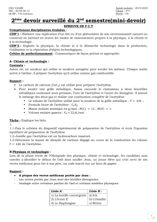 Première page de PCT 3e — 2e devoir surveillé, 2e semestre (2019-2020) · CEG Yagbe