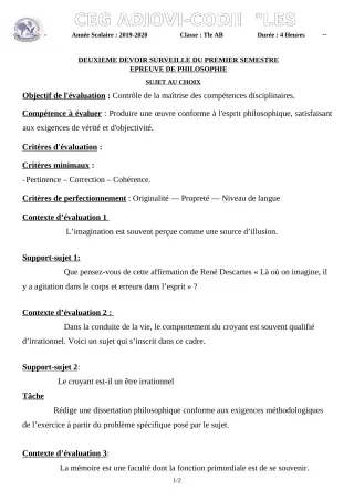 Première page de Philosophie Tle B — 2e devoir surveillé, 1er semestre (2019-2020) · CEG ADJOVICODJI 'LES OLIVIERS'