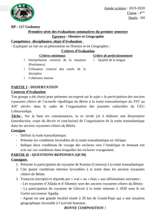Première page de Histoire-Géographie 4e, 4e ML — 1re évaluation sommative, 1er semestre (2019-2020) · CEG Lobozounkpa