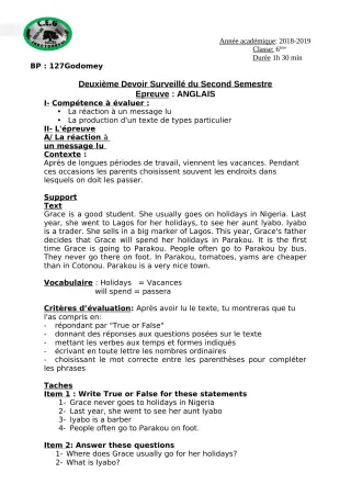 Première page de Anglais 6e — 2e devoir surveillé, 2e semestre (2018-2019) · CEG Lobozounkpa