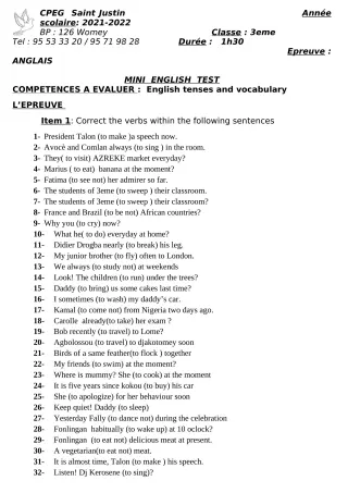 Première page de Devoir surveillé de ANGLAIS — 6e, 3e — CPEG SAINT Justin (2021)