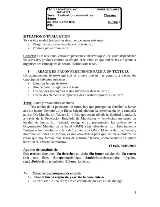 Première page de Espagnol 4e — 1re évaluation sommative, 2e semestre (2021-2022) · CEG2 ABOMEY - CALAVI (CEG ZOCA)
