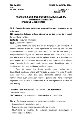 Première page de Allemand 3e ML — 1er devoir surveillé, 2e semestre (2020-2021) · CEG PAHOU