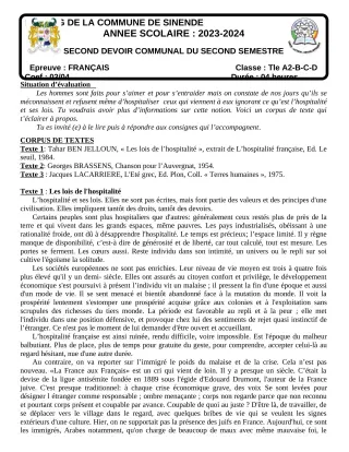 Première page de Français Tle A2, Tle D — 2e devoir surveillé, 2e semestre (2023-2024) · CEG SEKERE