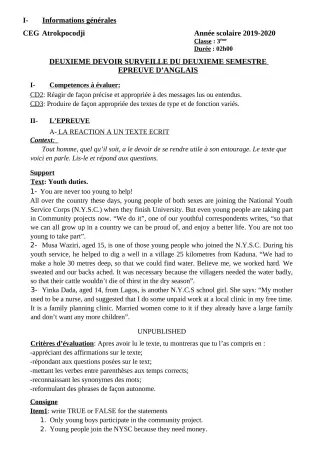 Première page de Anglais 3e — 2e devoir surveillé, 2e semestre (2019-2020) · CEG ATROKPOCODJI