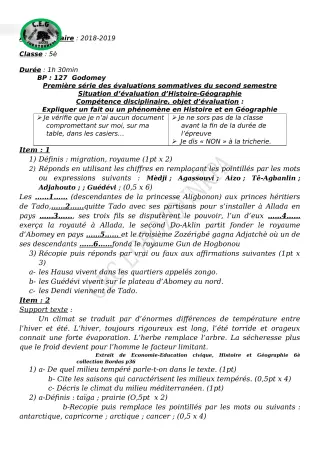 Première page de Histoire-Géographie 5e — 1re évaluation sommative, 2e semestre (2018-2019) · CEG Lobozounkpa