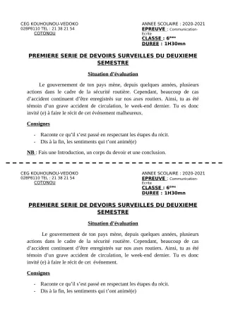 Première page de Français 6e — 1er devoir surveillé, 2e semestre (2020-2021) · CEG Kouhounou-Vêdoko