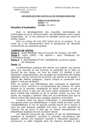 Première page de Français Tle A1, Tle A2, Tle B, Tle C, Tle D — 2e devoir surveillé, 1er semestre (2019-2020) · CEG Kouhounou-Vêdoko