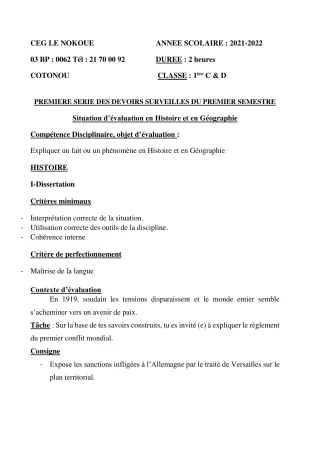 Première page de Histoire-Géographie 1ère C, 1ère D — 1er devoir surveillé, 1er semestre (2021-2022) · CEG LE NOKOUE