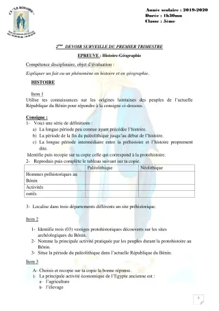 Première page de Histoire-Géographie 5e — 2e devoir surveillé, 1er trimestre (2019-2020) · CPEG ROSAIRE