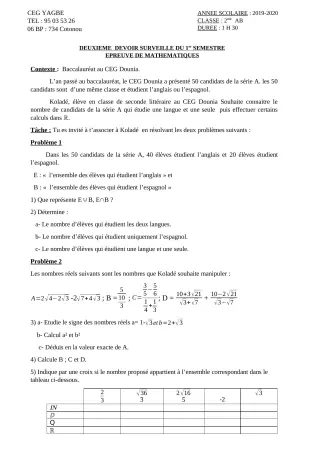 Première page de Mathématiques 2nde A, 2nde A1, 2nde A2 — 2e devoir surveillé, 1er semestre (2019-2020) · CEG Yagbe