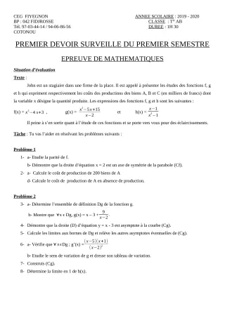 Première page de Mathématiques Tle A1, Tle A2, Tle B — 1er devoir surveillé, 1er semestre (2019-2020) · CEG FIYEGNON