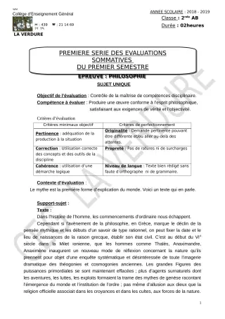 Première page de Philosophie 2nde A & B, 2nde C, 2nde D, 1ère A & B, 1ère C, 1ère D, Tle A & B, Tle C, Tle D — 1re évaluation sommative, 1er semestre (2018-2019) · CEG la Verdure