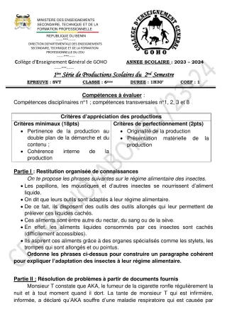 Première page de SVT 6e — 1re production scolaire, 2e semestre (2023-2024) · CEG GOHO