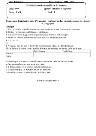 Première page de Histoire-Géographie 6e — 1er devoir surveillé, 1er semestre (2018-2019) · CEG Tchatchou