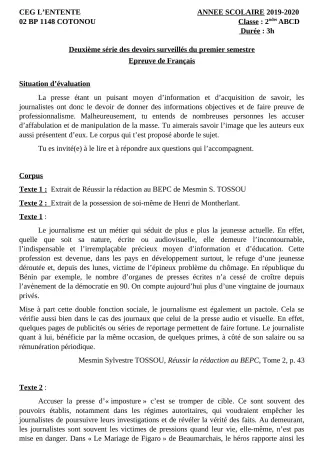 Première page de Français 2nde C, 2nde D — 2e devoir surveillé, 1er semestre (2019-2020) · CEG L'Entente