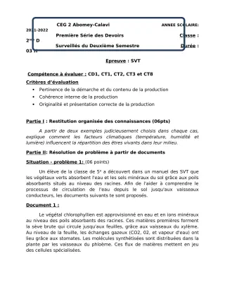 Première page de SVT 2nde D — 1er devoir surveillé, 2e semestre (2021-2022) · CEG2 ABOMEY - CALAVI (CEG ZOCA)