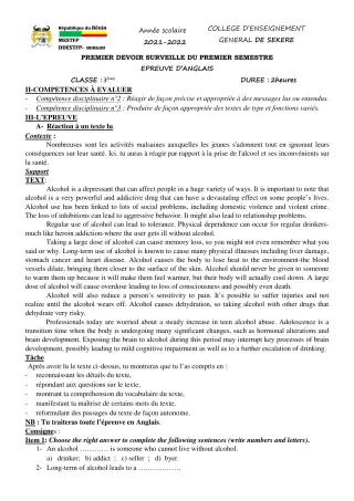 Première page de Anglais 3e — 1er devoir surveillé, 1er semestre (2021-2022) · CEG SEKERE
