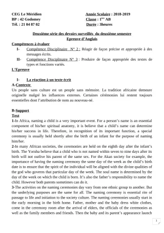 Première page de Anglais 1ère A1, 1ère A2, 1ère B — 2e devoir surveillé, 2e semestre (2018-2019) · CEG Le Méridien