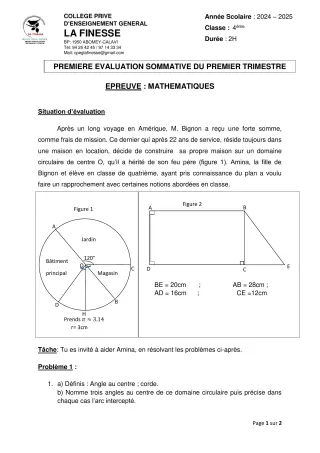 Première page de Mathématiques 4e — 1re évaluation sommative, 1er trimestre (2024-2025) · CPEG La Finesse