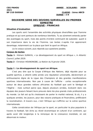 Première page de Français 1ère A1, 1ère A2, 1ère B, 1ère C, 1ère D — 2e devoir surveillé, 1er semestre (2020-2021) · CEG PAHOU