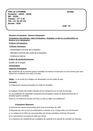 Première page de Histoire-Géographie 1ère C, 1ère D — 1er devoir surveillé, 1er semestre (2020-2021) · CEG Le Littoral